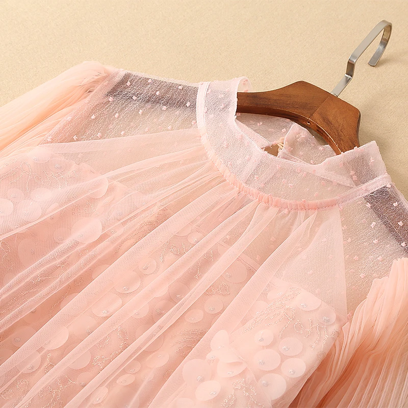 2019 Новое модное милое Сетчатое платье высокого качества с длинным рукавом O_neck