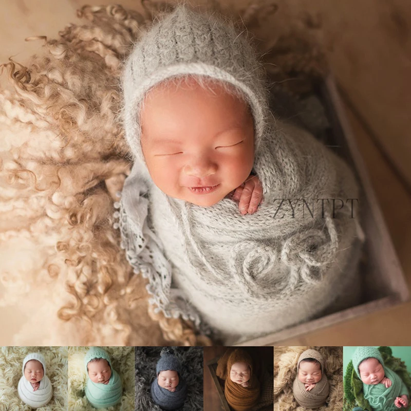 

Woollen Knitted Wrap + Hat Set For Newborn Photography Props Baby Photo Shoot Crochet Cap Fotografia Accessories Photoshoot Caps