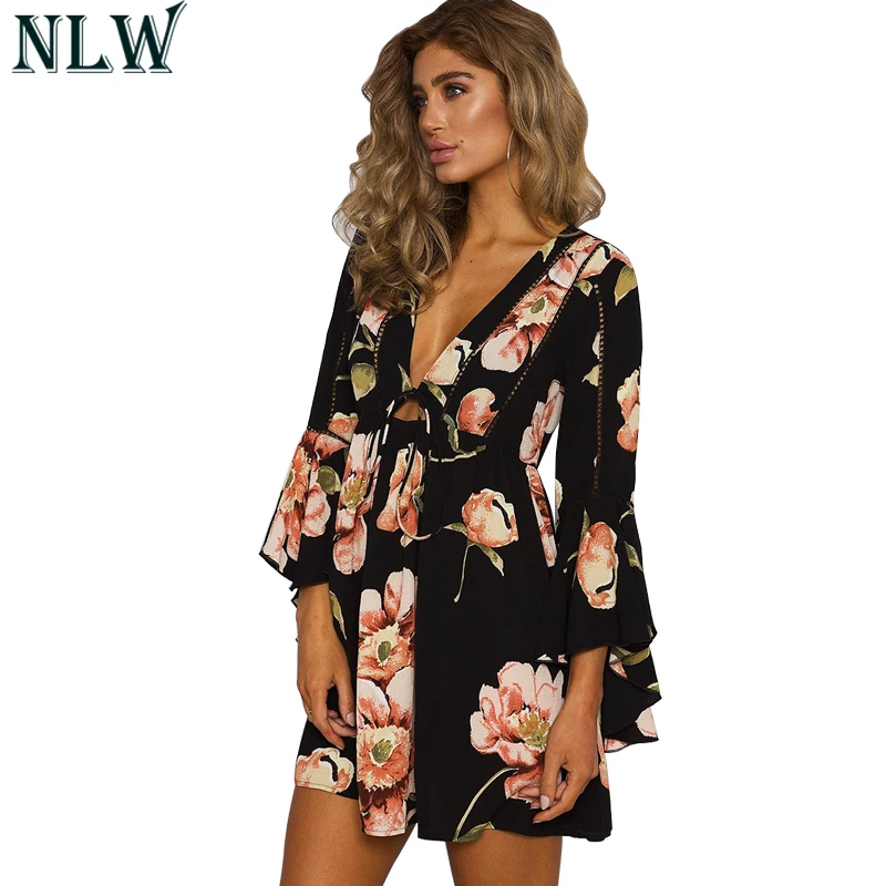 NLW Boho глубокий v-образный вырез выдолбленный платье для женщин длинный