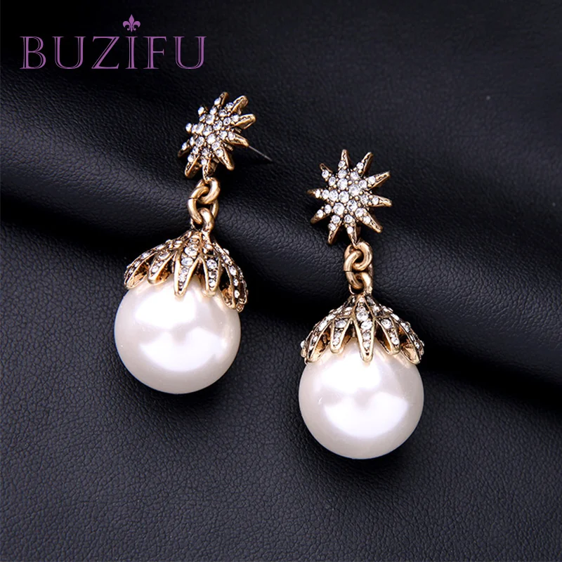 BUZIFU Simulated Round Pearl Earrings Gold Color Snow Shaped Shinning Crystal Cute Fashion Wedding Jewelry UE201 | Украшения и