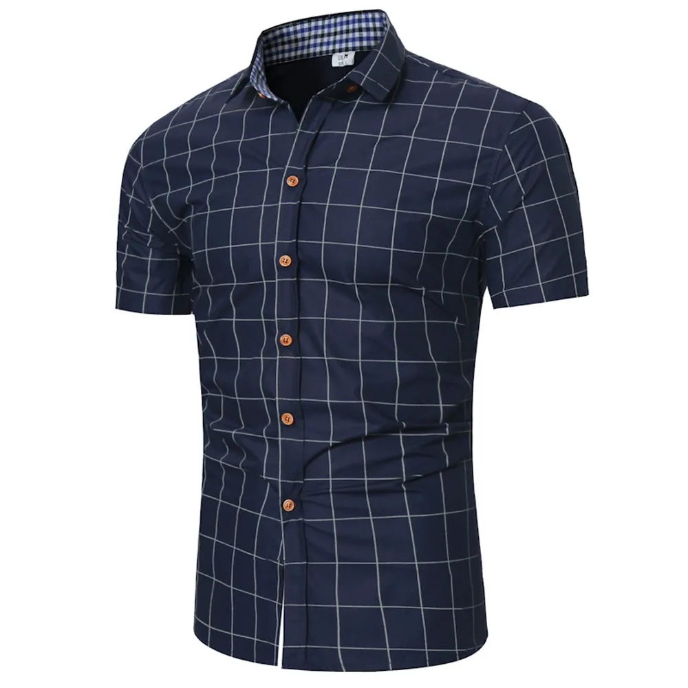 

MUQGEW 2019 fashion men plaid shirt slim fit Men's Pliad Top Fit Slim Blouse Business Casual Short-sleeved Shirt#Y4