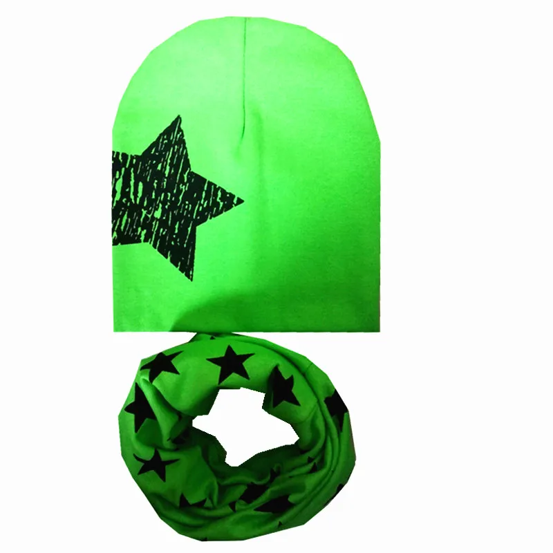 green big star set Коллекция года, осенне-зимний детский комплект с шапкой со звездой и смайликом, детский головной убор на весну, теплые детские вязаные шапки с воротником, комплекты хлопковая детская шапка и шарф - Цвет: green big star set