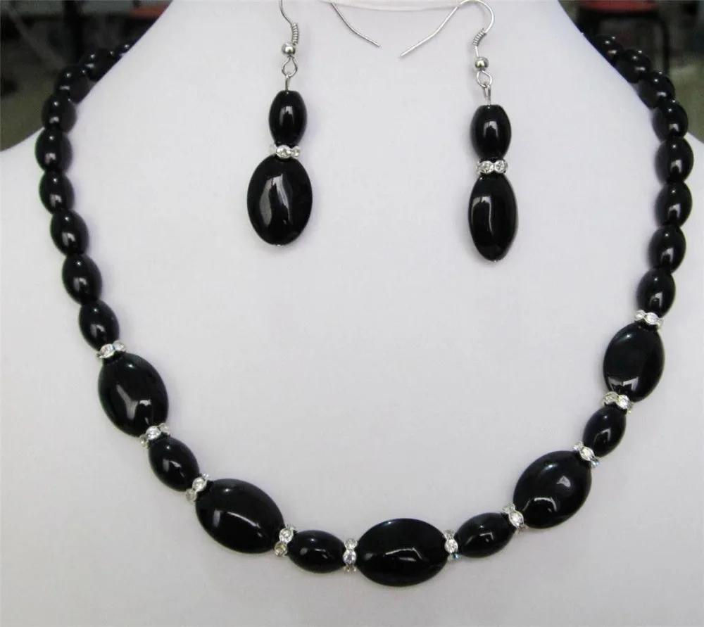 

8x12mm & 13x18mm Black jade Onyx Gems Necklace 18" Earrings set>> plated watch wholesale Quartz stone CZ crystal