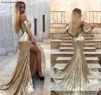 Mermaid Gold Sequins Evening Dress Cheap Off Shoulder Red Carpet Holiday Women Wear Formal Party Prom Gown Custom Made Plus Size