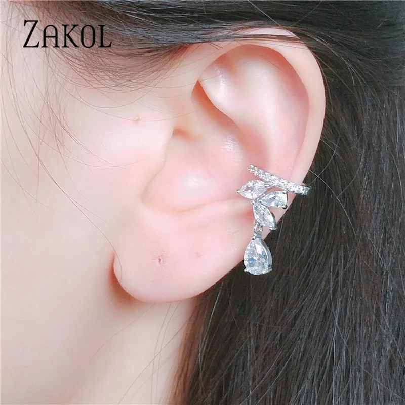 Красивые серьги-Клипсы из кубического циркония AAA ZAKOL, хрящи, модные серьги-манжеты в виде листьев, Женские Ювелирные аксессуары FSSP3017