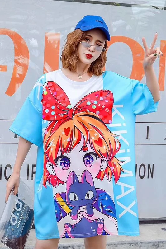 

Summer Women's Short Sleeve T-Shirt 2019 Cartoon Girl Sequin Print T-Shirt Women's Long Loose Joker T-Shirt Short Sleeve