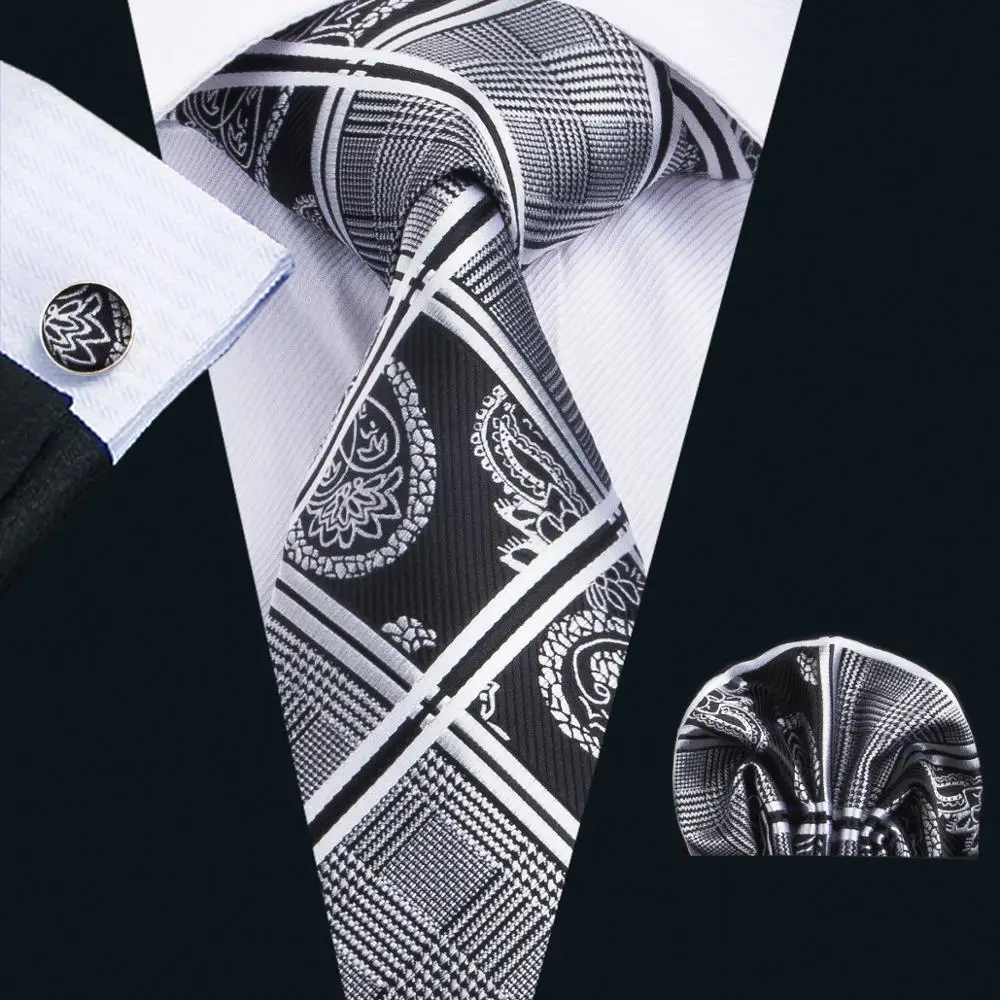 

LS-1659 Barry.Wang 2017 Men`s Tie Set Silk Gravata Plaid Necktie Hanky Cufflinks For Wedding Business Party Free Shipping