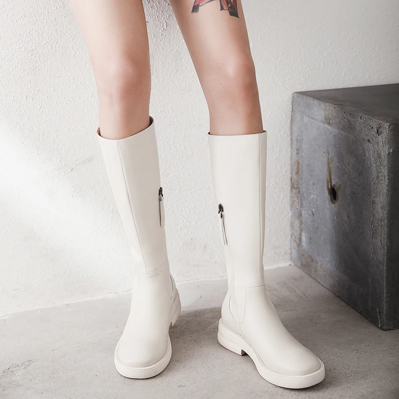 

WETKISS Motorcycle Boots Women Thick Heels Boot Square Toe Shoes Female Cow Leather Shoes Ladies Zip Knee High Shoes Winter 2019