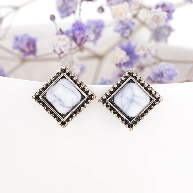 Vintage Geometric Acrylic Stud Earrings For Women Metal Fashion Jewelry Square Waterdrop Stone Flower Small Femme Gifts | Украшения и
