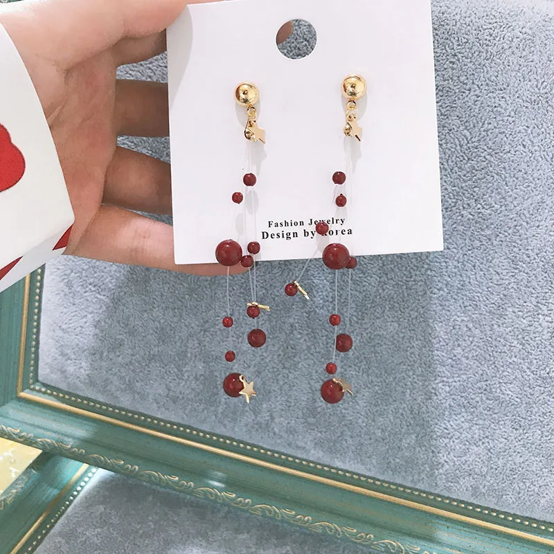 MENGJIQIAO дизайн рыбья линия имитация жемчуга кисточкой длинные висячие серьги для женщин элегантные свадебные Oorbellen Ювелирные изделия Подарки - Окраска металла: red