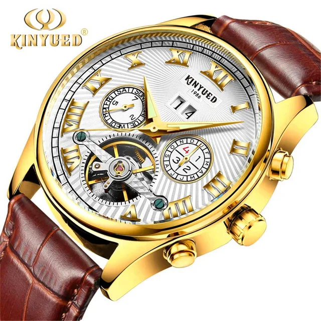 Gold White Leather KINYUED Automatic Mechanical Watches Men Top Brand Luxury Tourbillon Stainless Steel Waterproof Man Watch Reloj Hombre - Цвет: Gold White Leather