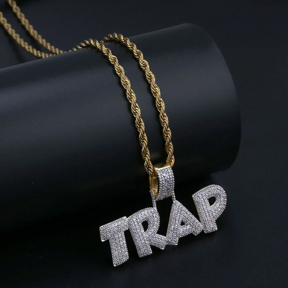 JINAO Мода AAA ловушка кулон ожерелье письмо Bling кубический циркон Iced Out цепи микро проложить для мужчин женщин хип хоп ювелирные изделия подарок Твердые