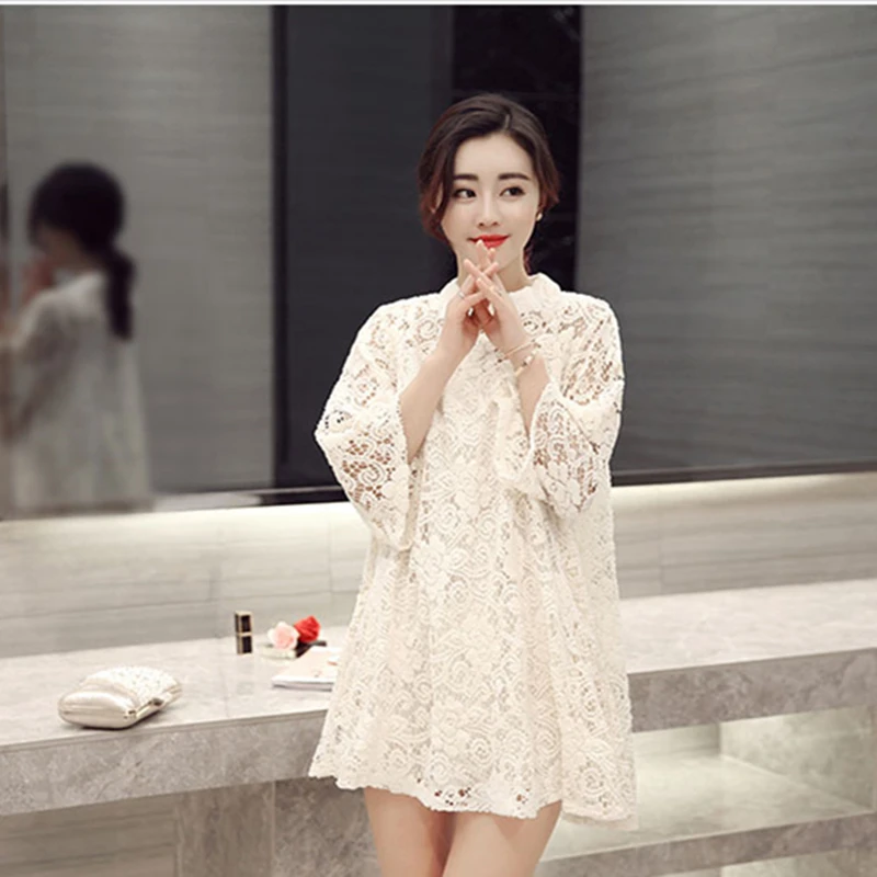 Лето Женская Кружева Холлоу Свободные Dress Casual Sweet Шеи O Пуловеры Three Четверти Рукав