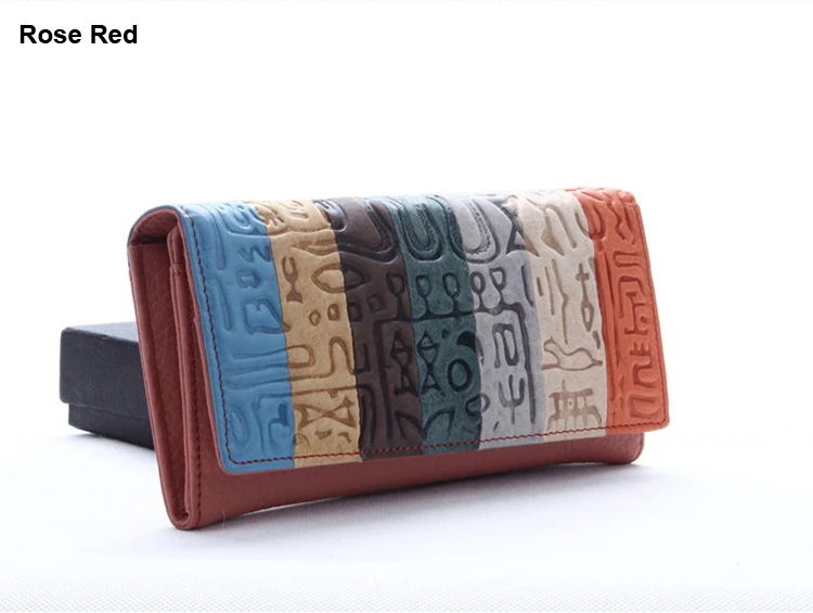 Rose Red Роскошные Длинные Красочный Полосатый Лоскутная Женская мода кожаный бумажник натуральная кожа Женский кошелек древних иероглифической тиснение - Цвет: Rose Red