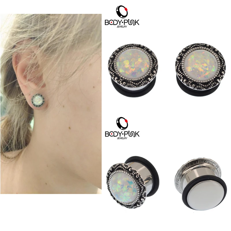 

BODY PUNK White Opal Vintage Ear Plugs Piercing Body Jewelry Stainless Steel Single Flared Summer Gauge Flesh Tunnel 6-16mm