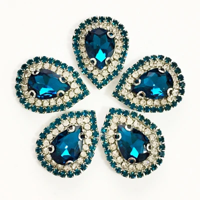 09 peacock blue 10x14 мм 10 шт./партия, двойной кусок, форма капель, стеклянная Хрустальная Пряжка, серебряная основа, пришить Стразы для Diy/аксессуары для одежды - Цвет: 09 peacock blue