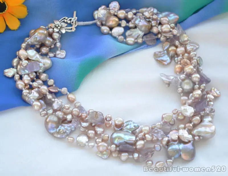 

Z5774 4row 20" 25mm lavender baroque keshi pearl purple stone necklace
