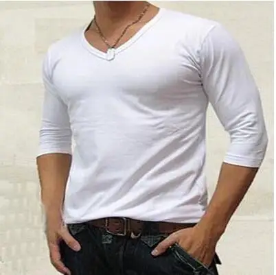 

Free shipping Men's slim v-neck mid-sleeve T-shirt, seven-point sleeve