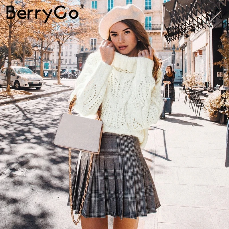 BerryGo Turtleneck women pullover sweater Autumn winter female knitted sweaters jumper Chic loose hollow out white warm | Женская одежда