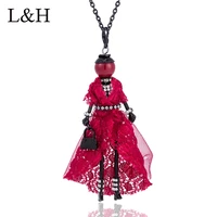 red dress party girl doll long chain necklace 2018 new handmade cloth doll pendant long chain necklace for women collier femme