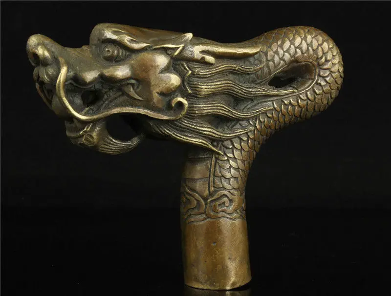 

China Old Handwork Carving Bronze Dragon Statue Cane Head Walking Stick Free shipping