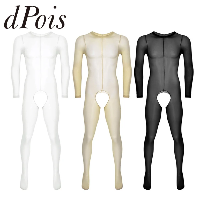 Mens Sexy Lingerie See Through Sheer Long Sleeves Round Neck Crotchless Footed Stretchy Body Pantyhose Tights Full Body Stocking