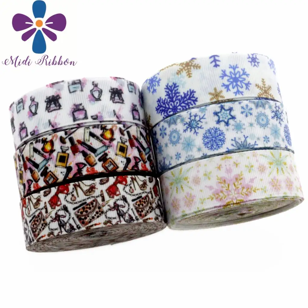 

7/8"22mm Fashion Item Snowflake Printed Grosgrain Ribbon Perfume Patterns Gift Pack Stuff Hair Band Making 10yards/roll