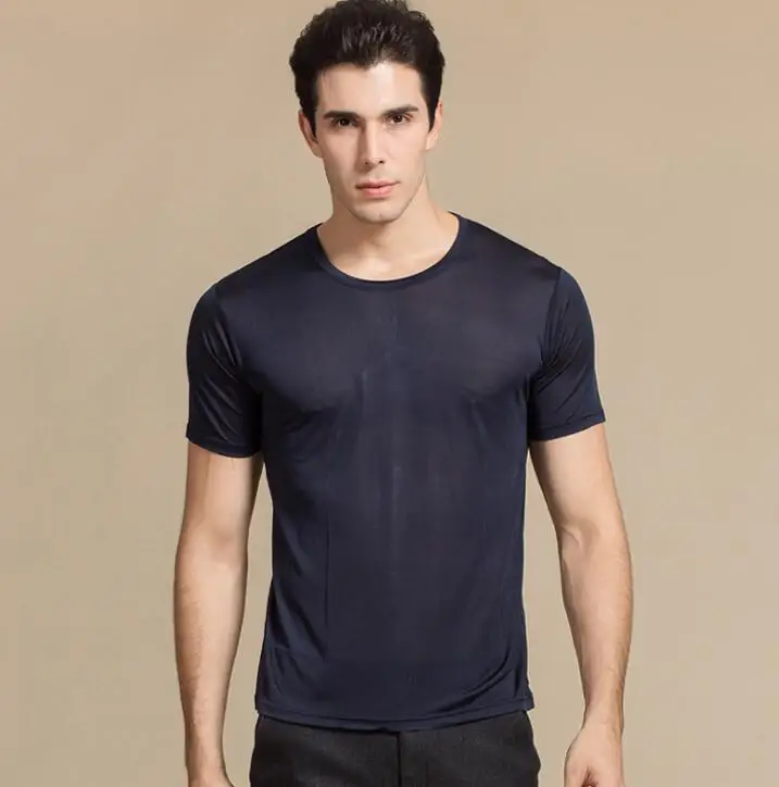 navy blue Качественные шелковые трикотажные мужские футболки повседневные с коротким рукавом с круглым вырезом HY006 - Цвет: navy blue