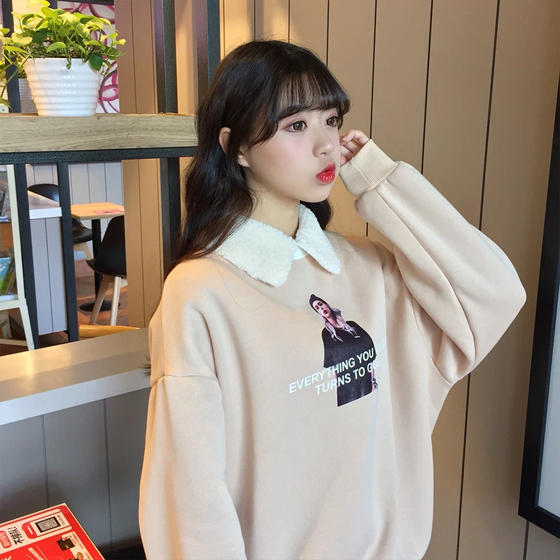 Толстовки женские толстые плюс бархатные теплые Kawaii Мягкие Универсальные пуловеры с принтом женские s Ulzzang корейский стиль Милая шикарная одежда