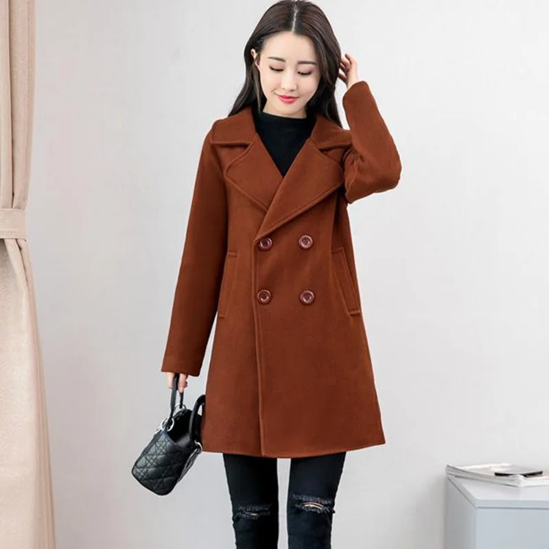 Женское офисное длинное шерстяное пальто с карманами и широкой талией Смешанное