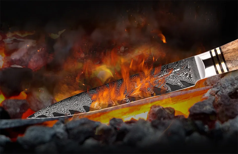 FINDKING AUS-10 damascus steel arrow pattern Sapele wood handle damascus knife 5 inch utility knife 67 layers fruit knives