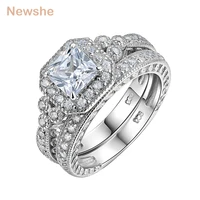newshe genuine 925 sterling silver halo wedding engagement ring set 1 2 ct aaaaa princess cz classic jewelry for women jr4970