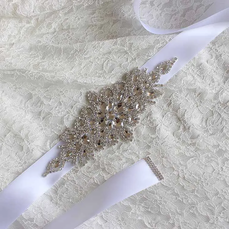 Белый Handmade Bridal Sash Wide Belts Crystal Bridal Belt Ribbon Rhinestone Czech Stone Jewelry Dress Waistband Wedding Accessories - Цвет: Белый