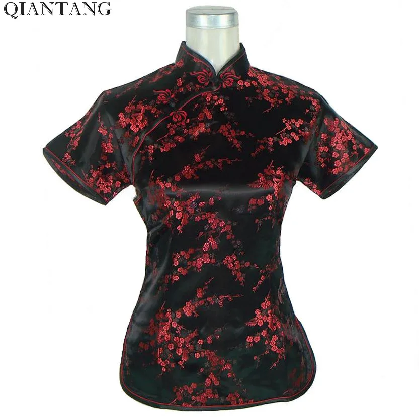 Черно красная Новинка летняя блузка Mujere Camisa китайская женская атласная рубашка