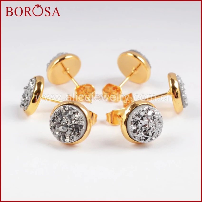 BOROSA Бесплатная доставка 8 мм золото цвет кристалл Druzy Titanium серьги гвоздики модные