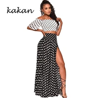 kkakan summer new womens dress two piece sexy wave point strapless casual beach wind dress set stitching print dress