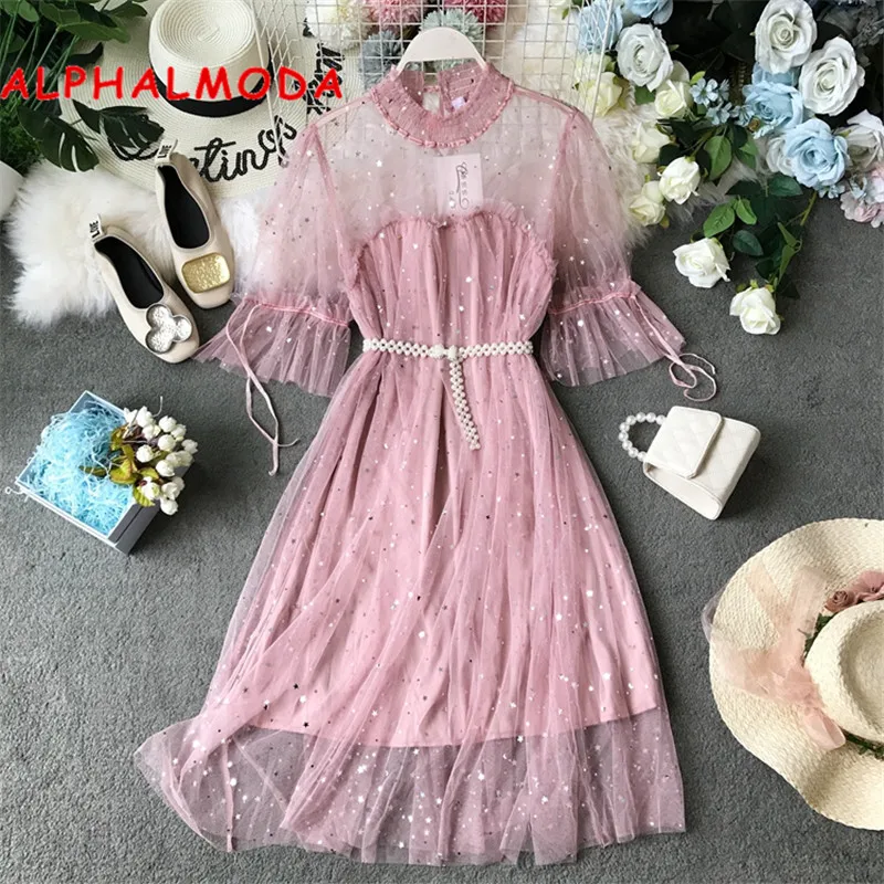 Женское кружевное платье ALPHALMODA блестящее с бисером и поясом на лето 2019|Женские