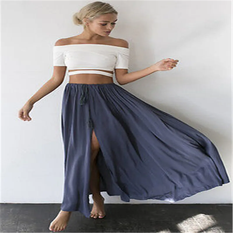 Sexy Fashion Women's Summer Boho Casual Long Maxi Party Beach Skirt Lace Up Pleated High Waist 2 Colors Solid Vent | Женская одежда