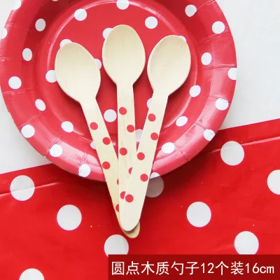 12 spoons Наборы одноразовой посуды в красный горошек, бумажные тарелки, подставка для купакаке, пластиковые скатерти для стола, вечерние принадлежности для мероприятий - Цвет: 12 spoons