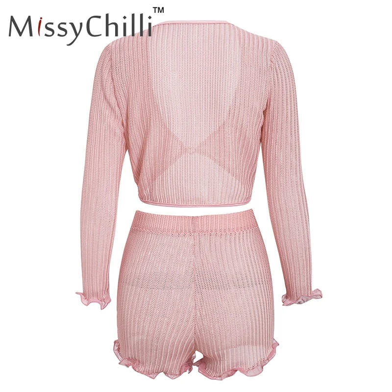 MissyChilli розовые оборки летние короткие комбинезоны женские элегантные с v-образным вырезом с длинным рукавом комбинезон женский сексуальный эластичный Двухсекционный комбинезон