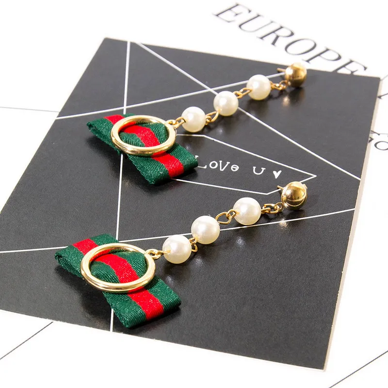 Новый корейский полосой ленты серьги Для женщин жемчуг Длинные висячие