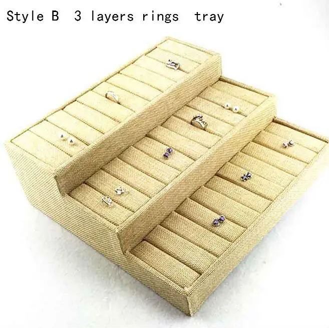 B 3 layers rings tra Новое поступление обернутый льняной дисплей ювелирных изделий лоток кольцо держатель Органайзер для ожерелий браслеты витрина Подвески коробка - Цвет: B 3 layers rings tra