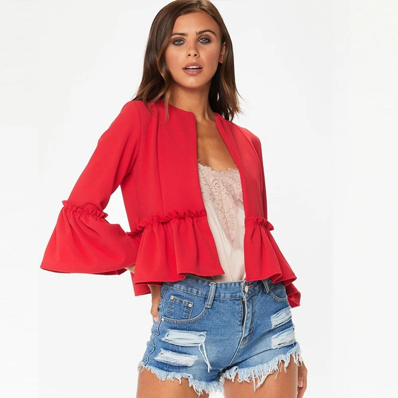 BHplushyee Chaqueta mujer 2018 красный оборками короткая куртка Для женщин Мода Flare рукавом