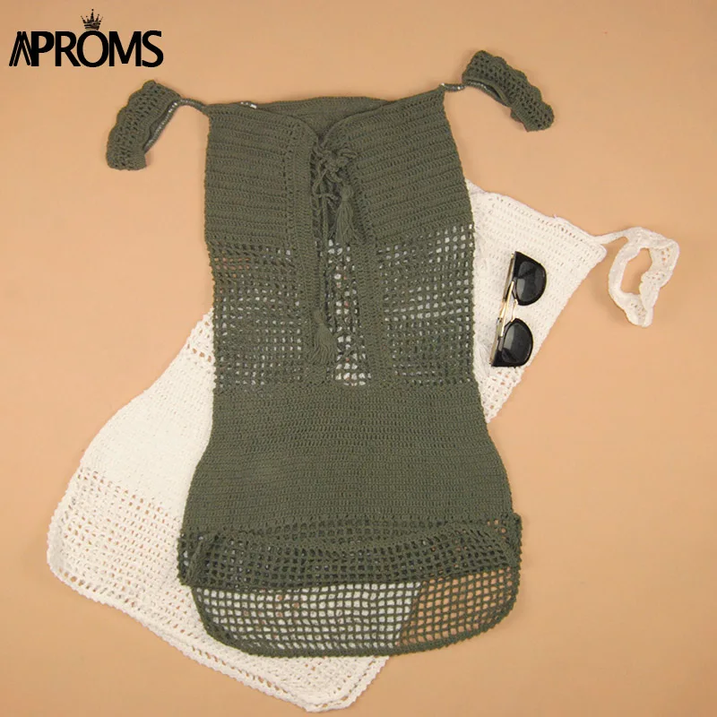 Aproms, сексуальное вязаное платье ручной работы, летнее бикини в стиле бохо, пляжная одежда в стиле 90, для девочек, на шнуровке, с открытыми плечами, облегающее платье, сарафан