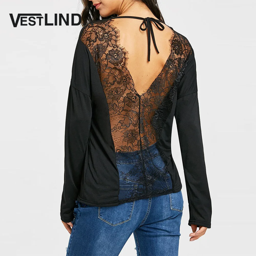 VESTLINDA женские футболки с v образным вырезом Цветочная Кружевная футболка