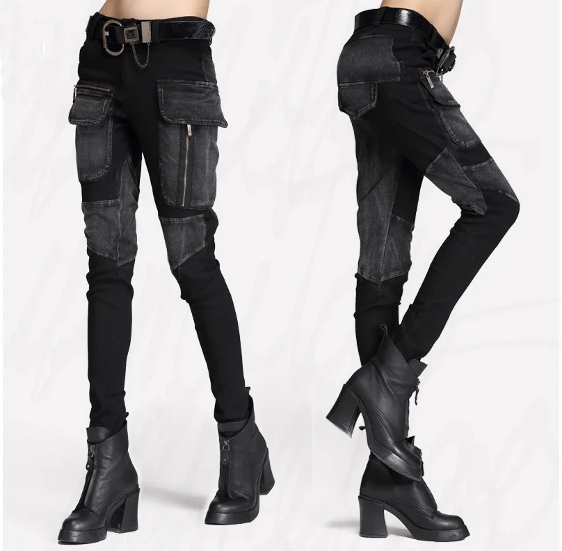 Модные новые зимние весенние джинсовые облегающие черные брюки женские с