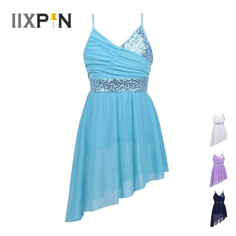 

IIXPIN Kids Girls Ballet Dress Sequined Modern Dance Spaghetti Shoulder Straps V-Neck Irregular Hem Latin Dance Lyrical Dress