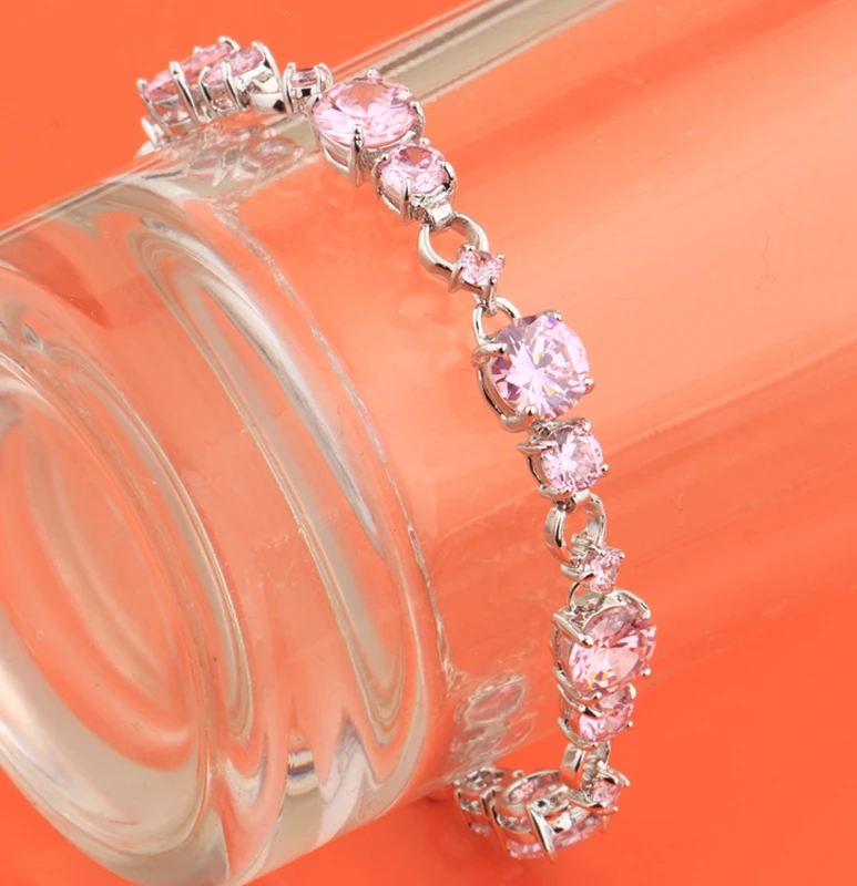 

Pink Zircon Silver Plated Argent Link Chain Bracelet 6 7 Inch L10071