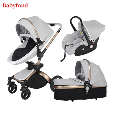 Gray 3 Babyfond 3 в 1 детская коляска из искусственной кожи с двусторонними амортизаторами, детская тележка для автомобиля, тележка в европейском стиле с бесплатным зонтиком в подарок - Цвет: Gray 3