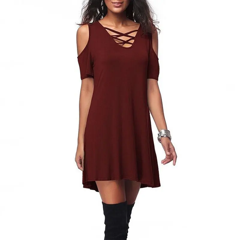 

New Women Casual Baisc Summer Solid Party Dress Sexy Short sleeves off shoulder Dresses Hollow out